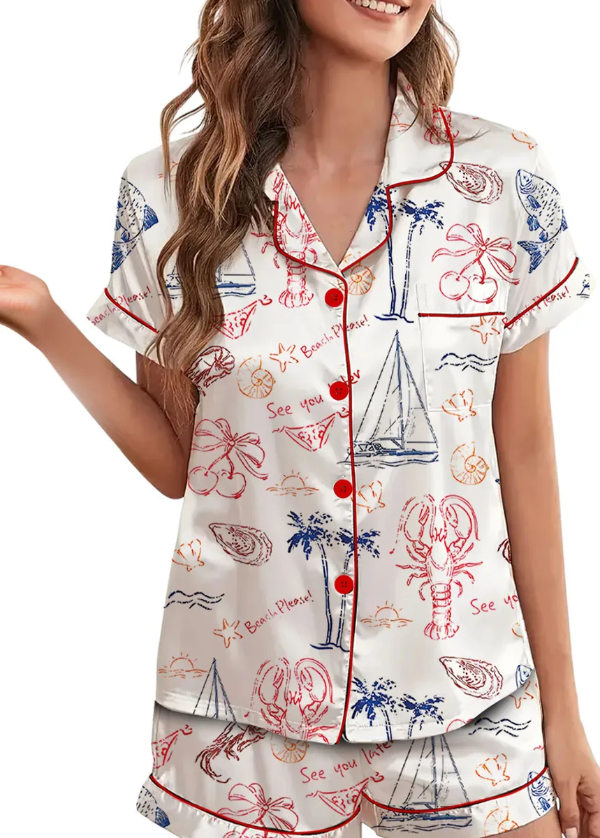 Salty But Sweet Retro Summer Coastal Beach Aesthetic Summer Cocktail Sea Food Lobster Pajama Set