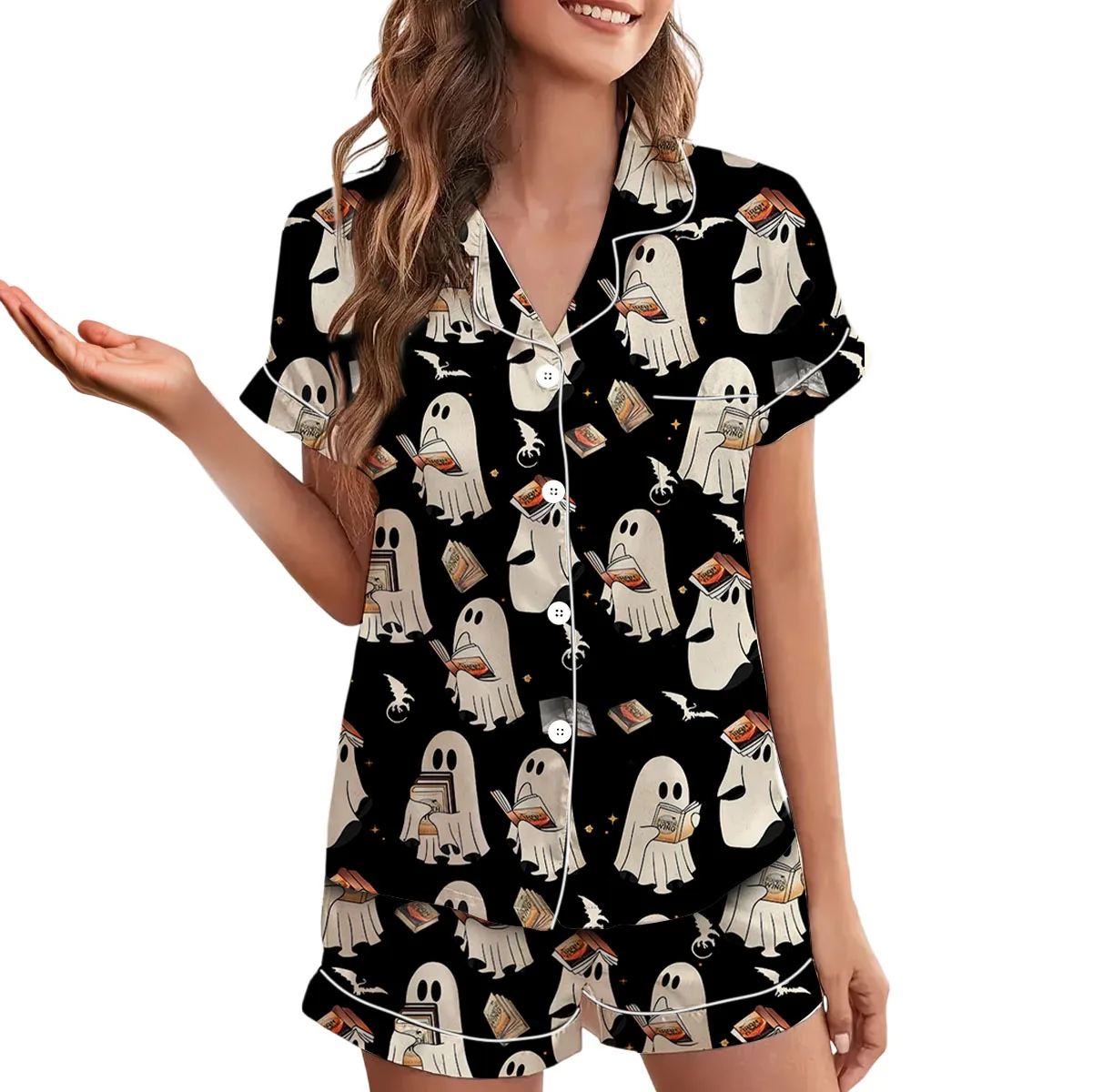 Cute Ghost Reading Book Satin Pajamas Set