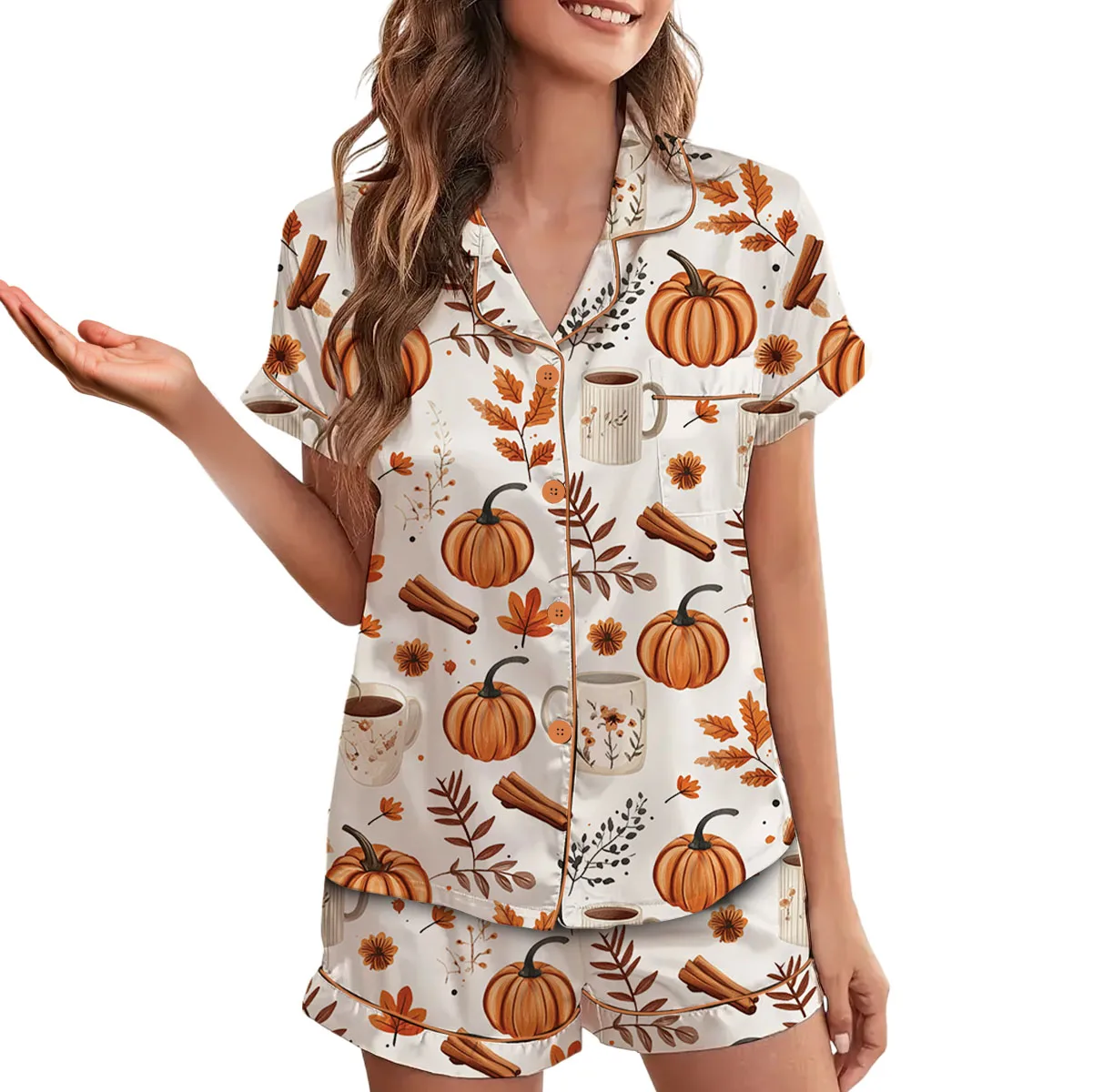 Pumpkin Spice Fall Satin Pajamas Set For Women