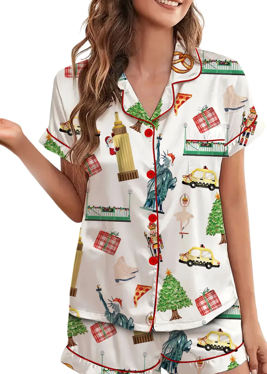 Christmas New York Satin Pajama Set For Women
