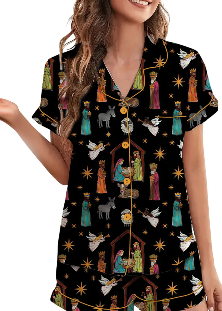 Nativity Christian Christmas Satin Pajamas Set For Women