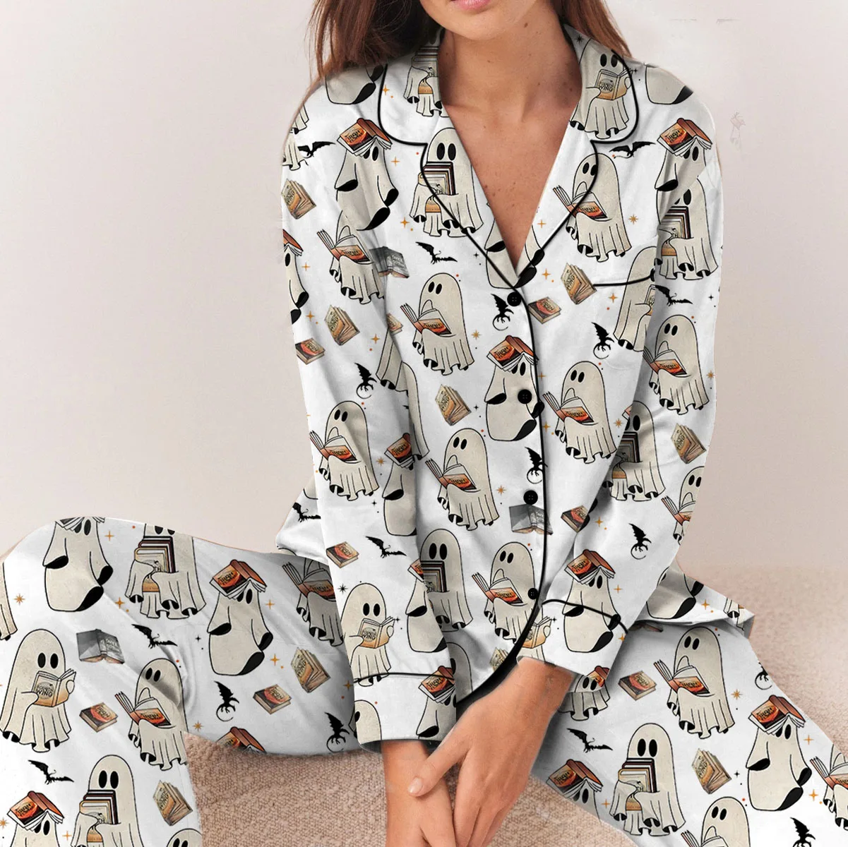 Cute Ghost Reading Book Satin Pajamas Set