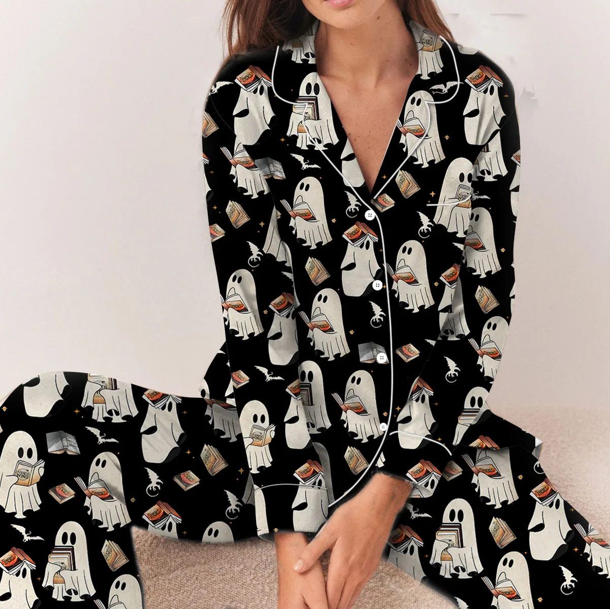 Cute Ghost Reading Book Satin Pajamas Set