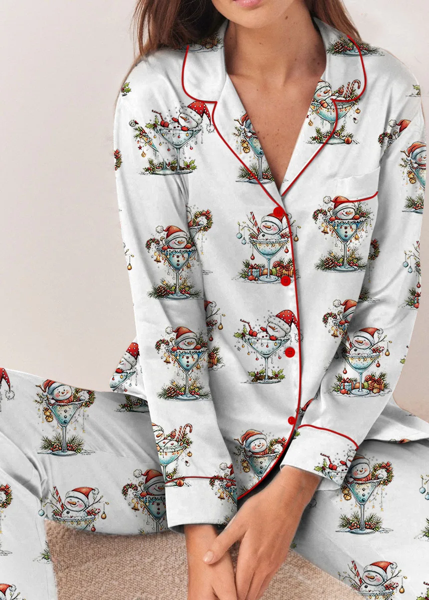 Quirky Snowman Christmas Satin Pajama Set For Women