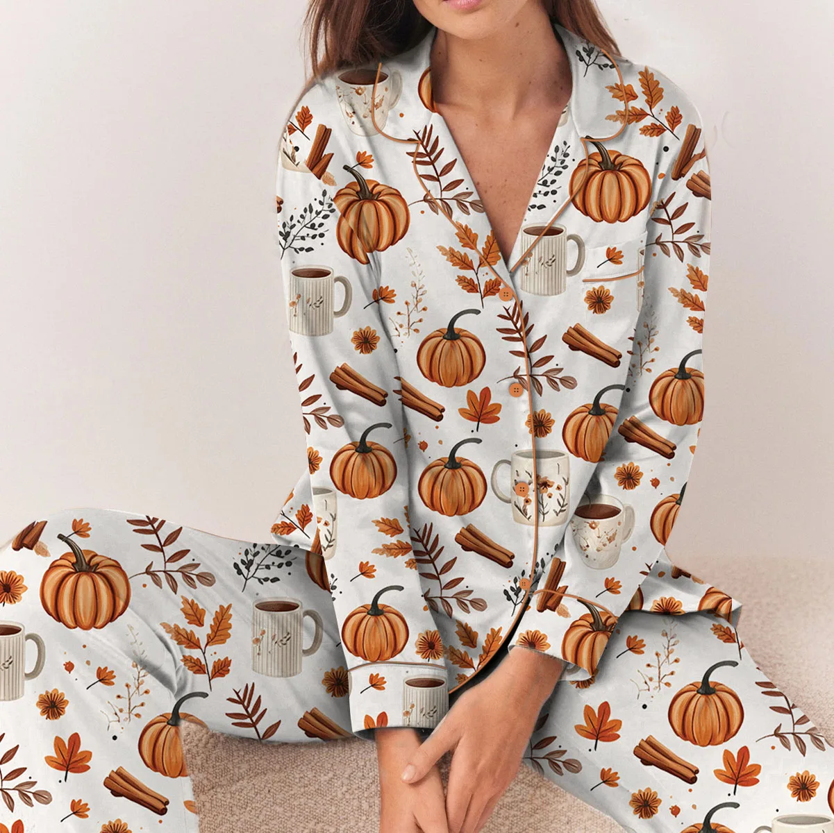 Pumpkin Spice Fall Satin Pajamas Set For Women