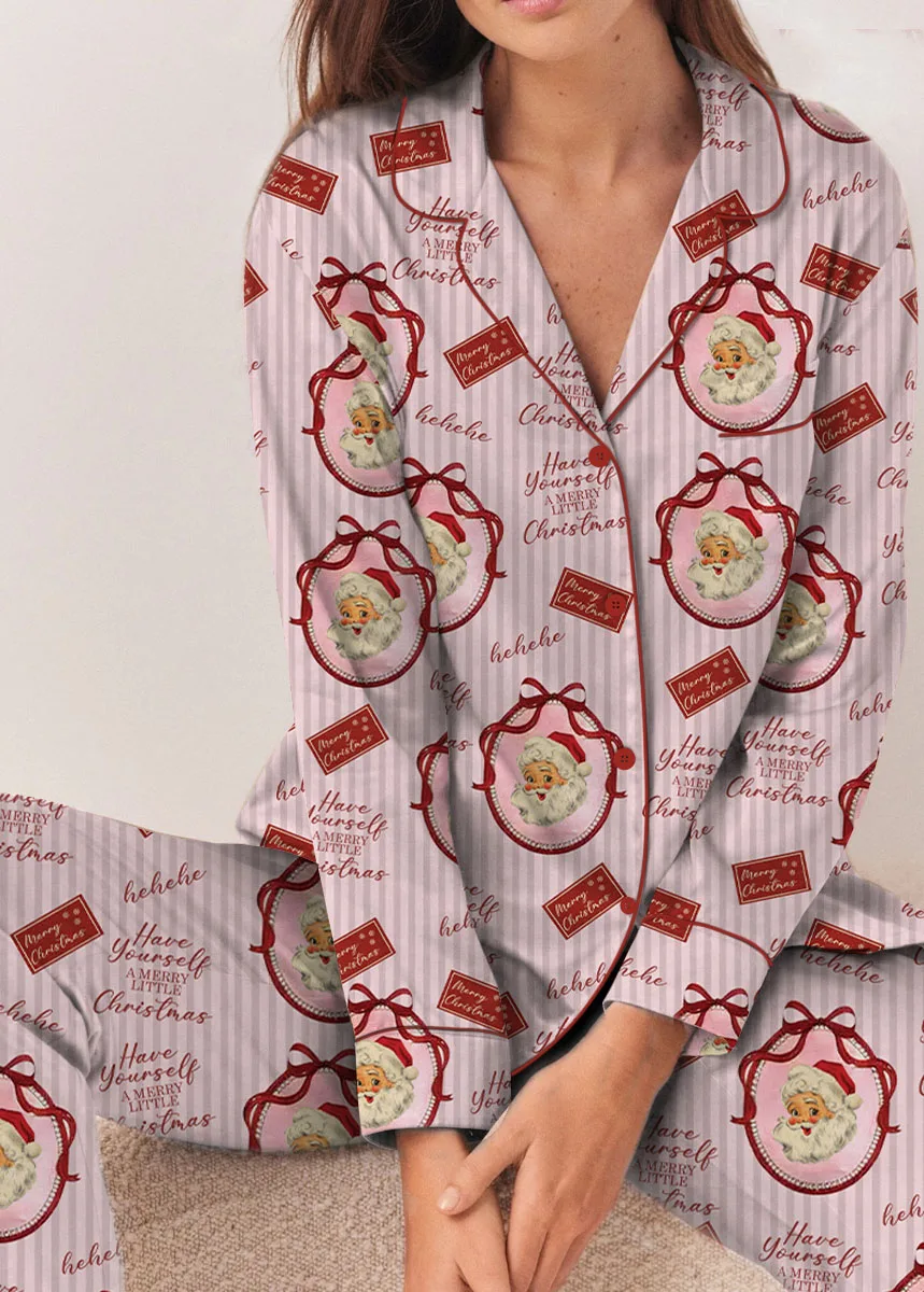Pink Retro Santa Print Satin Pajamas Set For Women