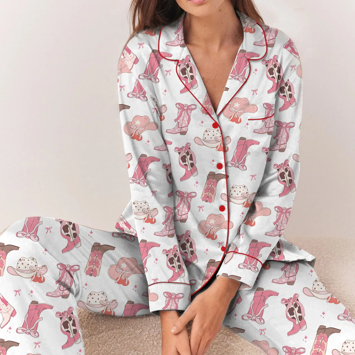 Pink Cowgirl Boots Satin Pajamas Set For Women
