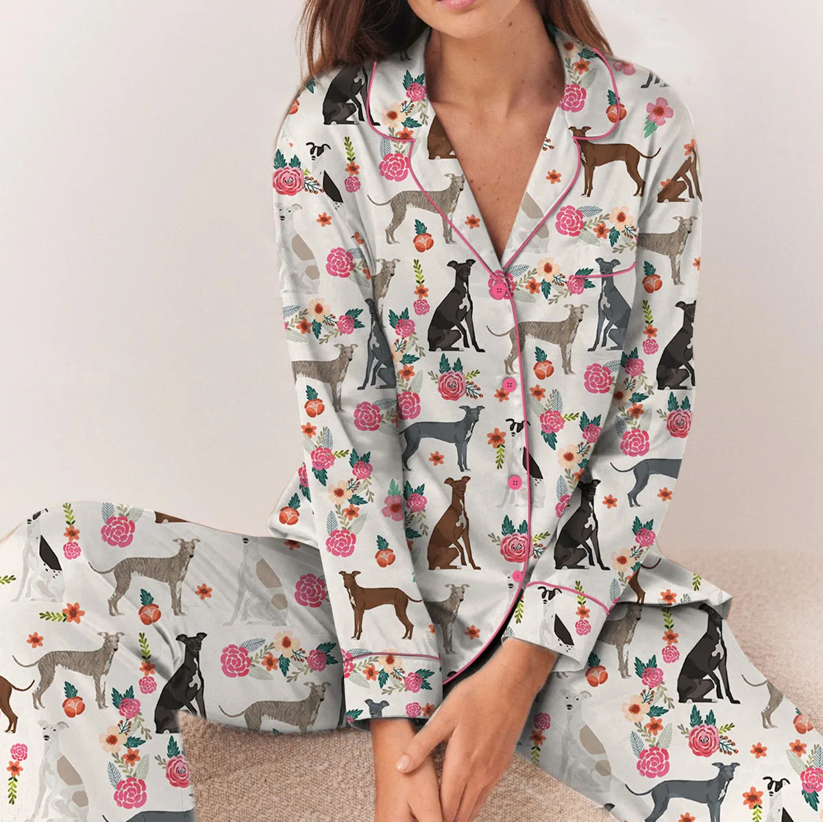 Dog Floral Satin Pajamas Set For Women