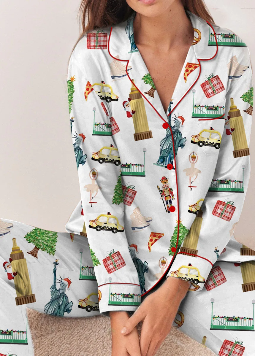 Christmas New York Satin Pajama Set For Women