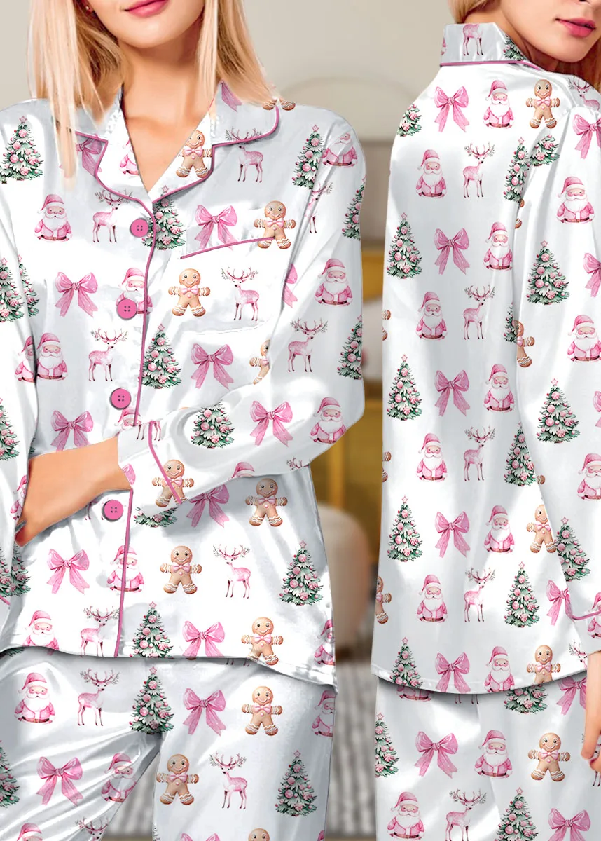 Coquette Pink Christmas Silky Satin Pajama Set For Women
