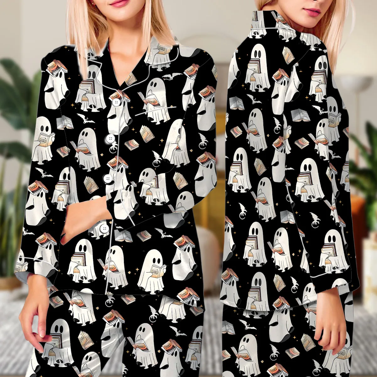 Cute Ghost Reading Book Satin Pajamas Set