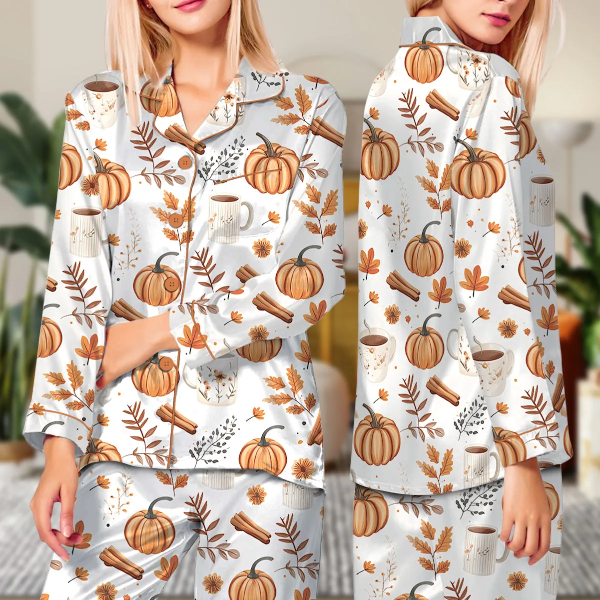 Pumpkin Spice Fall Satin Pajamas Set For Women