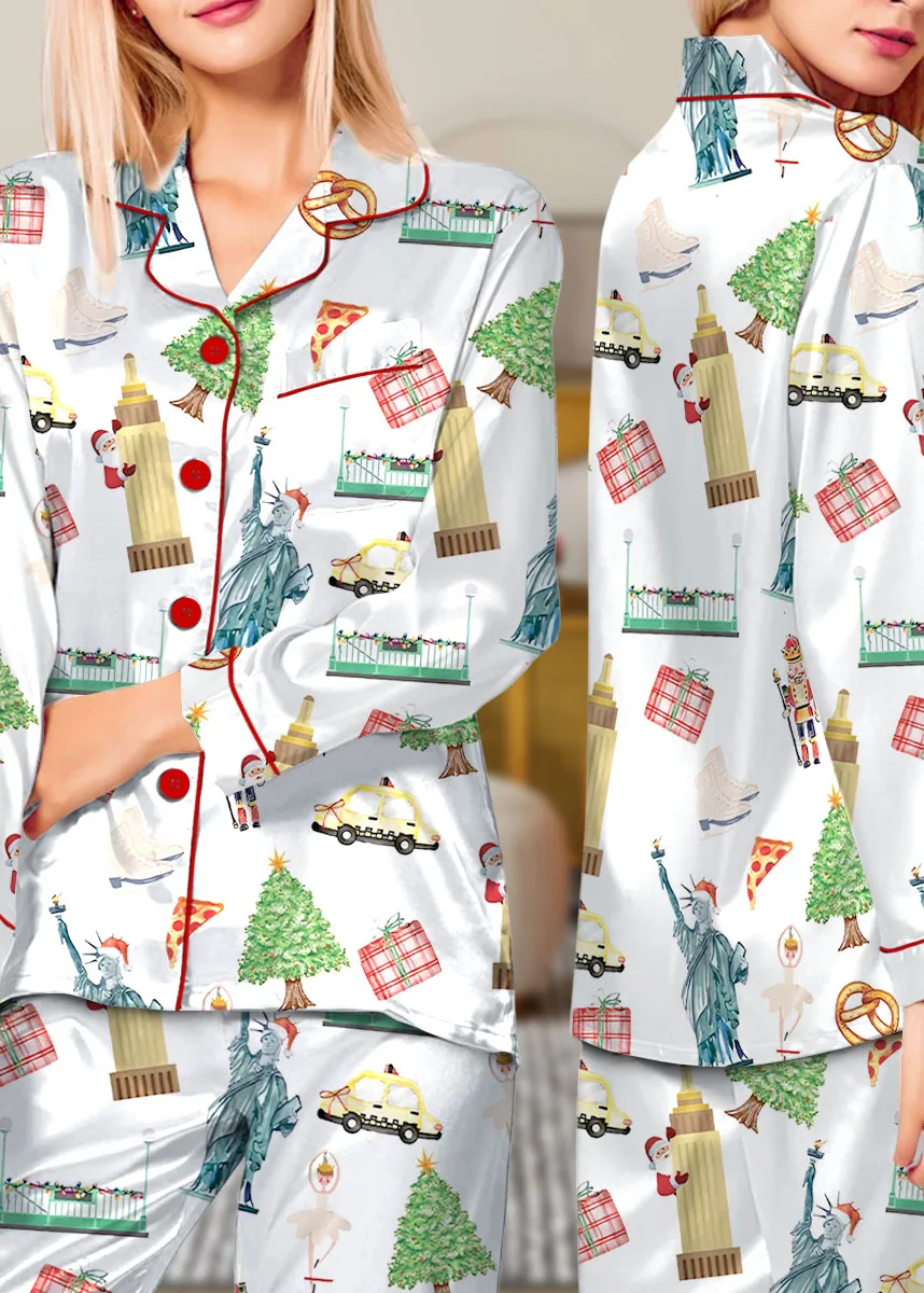 Christmas New York Satin Pajama Set For Women