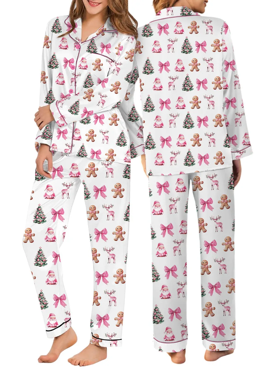 Coquette Pink Christmas Silky Satin Pajama Set For Women