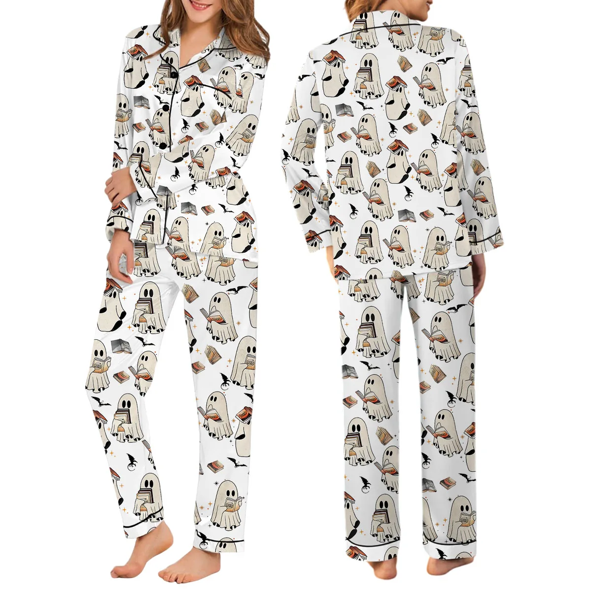 Cute Ghost Reading Book Satin Pajamas Set