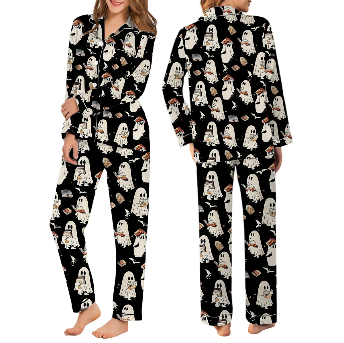 Cute Ghost Reading Book Satin Pajamas Set
