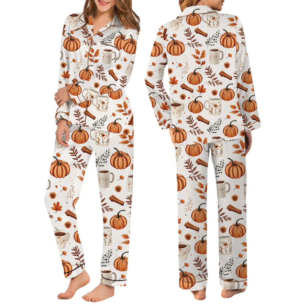 Pumpkin Spice Fall Satin Pajamas Set For Women