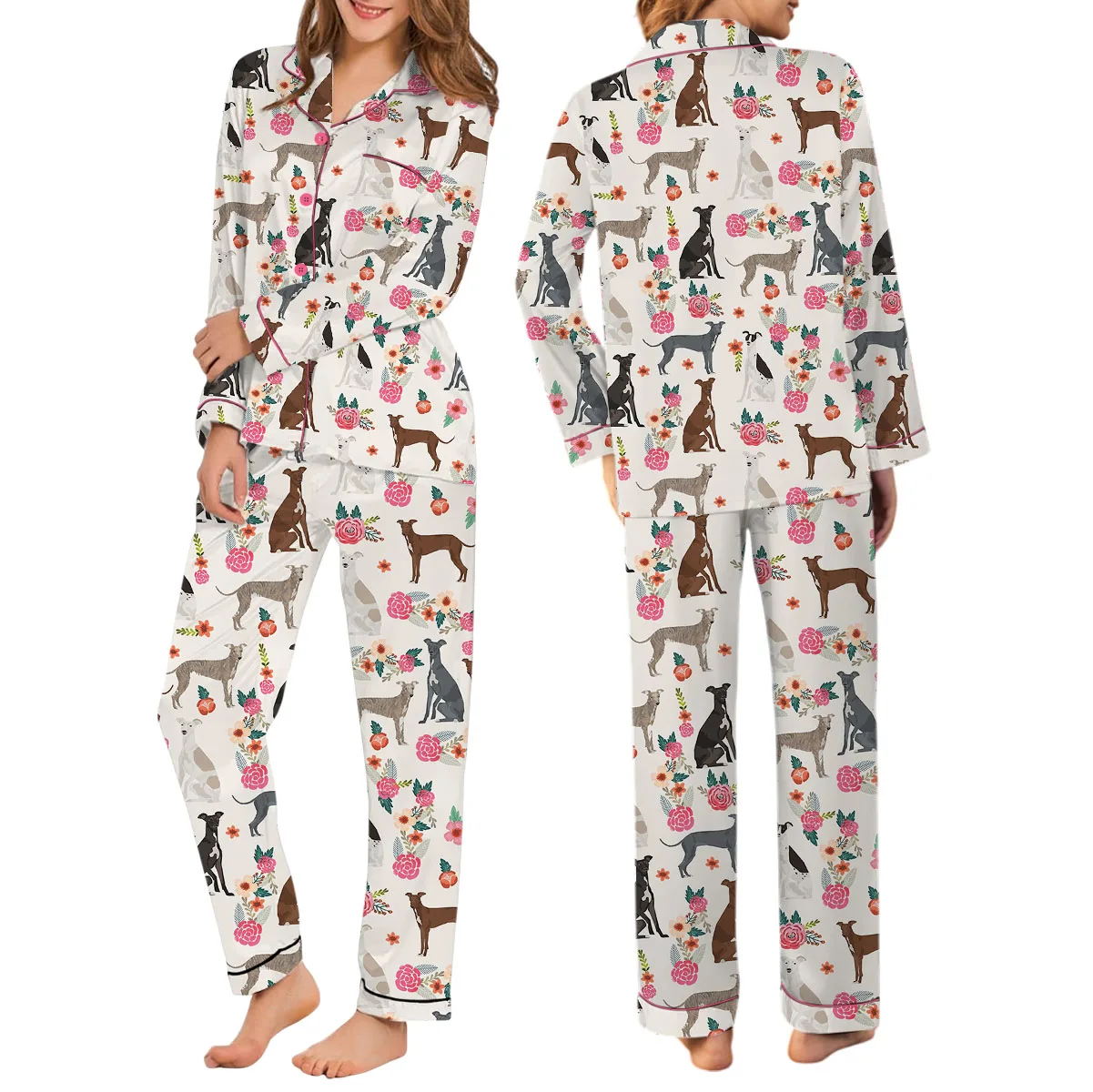 Dog Floral Satin Pajamas Set For Women