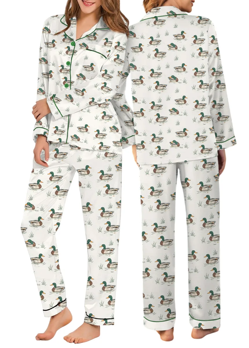 Duck Duck Goose Ducks Bamboo Satin Pajamas Set For Women