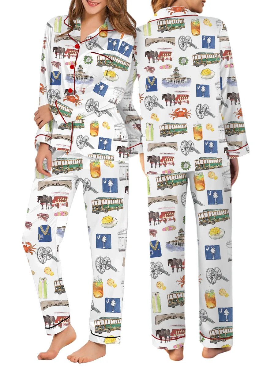 Charleston Silky Satin Pajama Set For Women, South Carolina City Pajamas