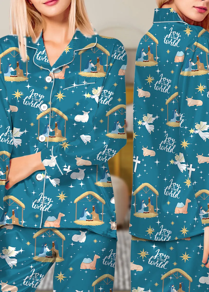 Women’s Nativity Christian Christmas Long Sleeve Satin Pajama Set