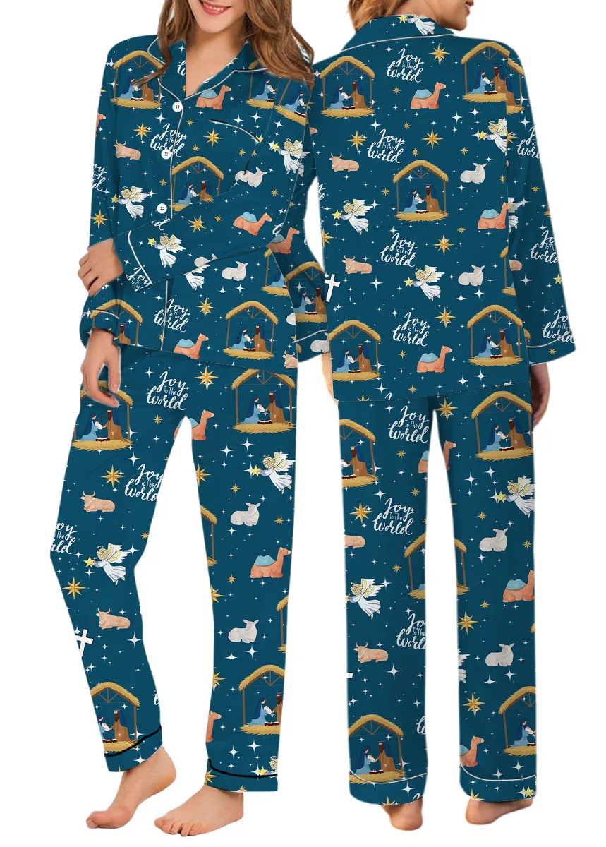 Women’s Nativity Christian Christmas Long Sleeve Satin Pajama Set