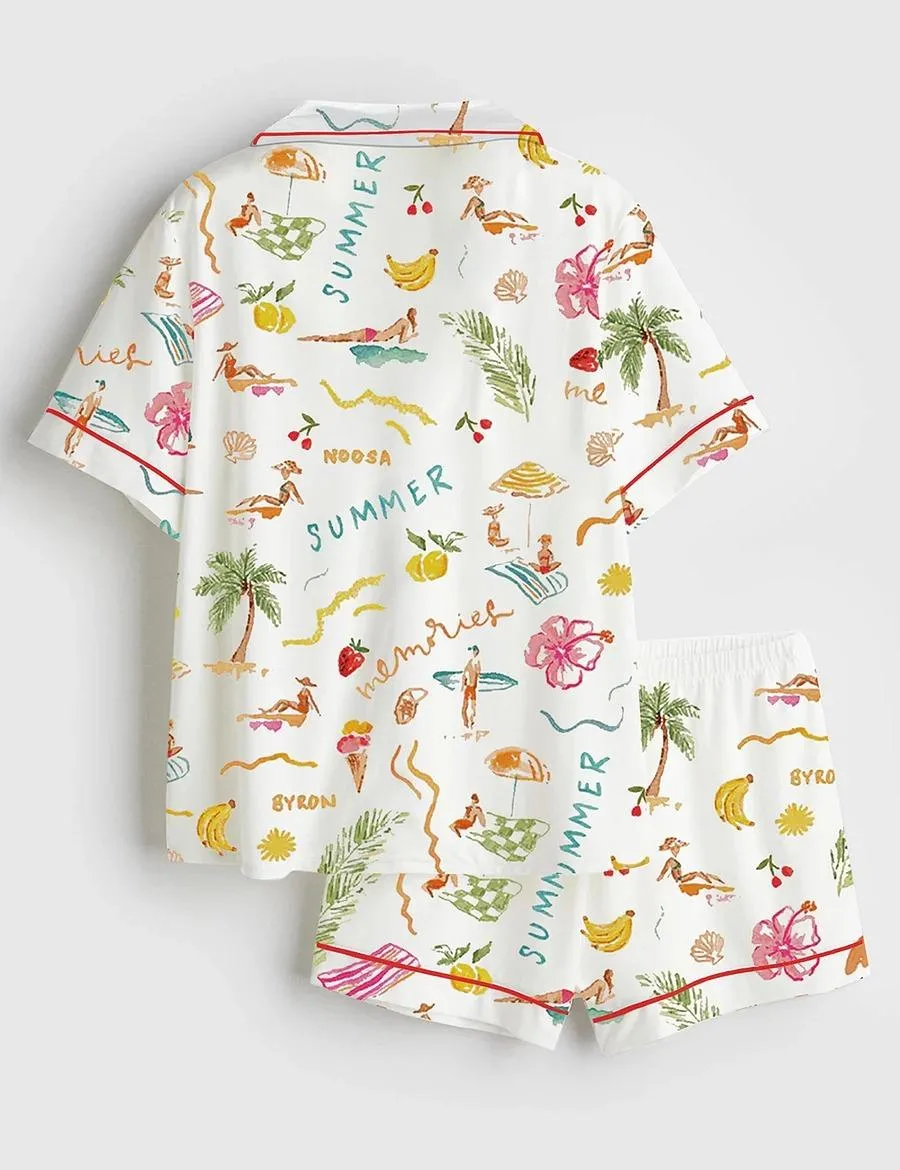 Summer Memories Fruity Cocktails Tropical Trees Sandy Beaches Satin Pajama Set (1)