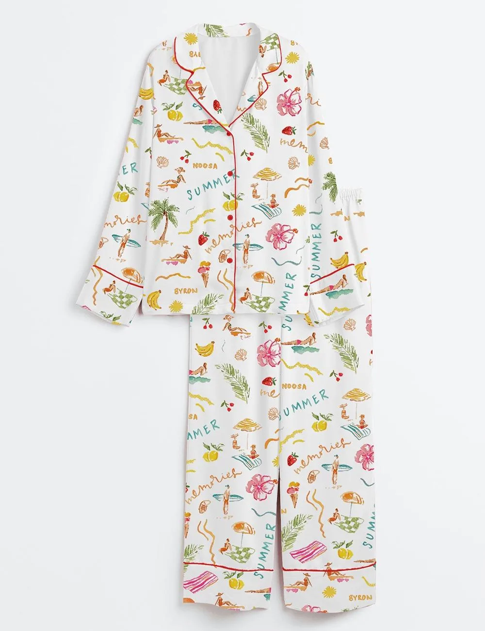 Summer Memories Fruity Cocktails Tropical Trees Sandy Beaches Satin Pajama Set (1)