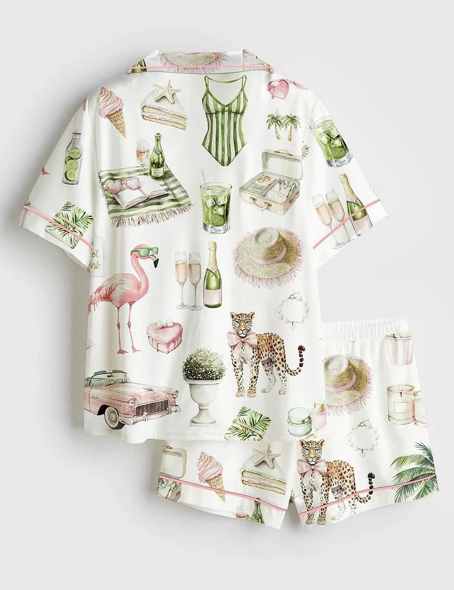 Watercolor Palm Summer Miami Beach Vacation Satin Pajama Set (1)