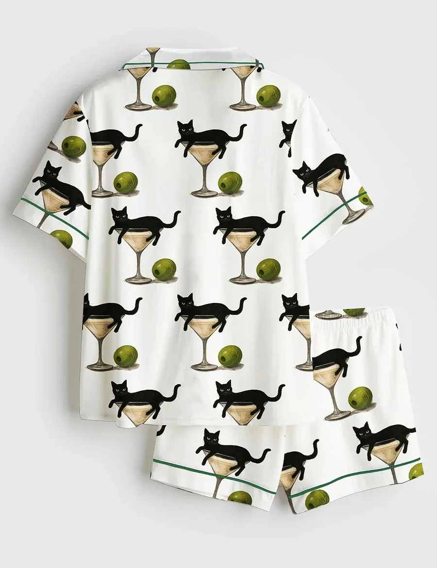 Women’s Black Cat In Martini Cocktail Wine Glasses Satin Pajama Set (1)