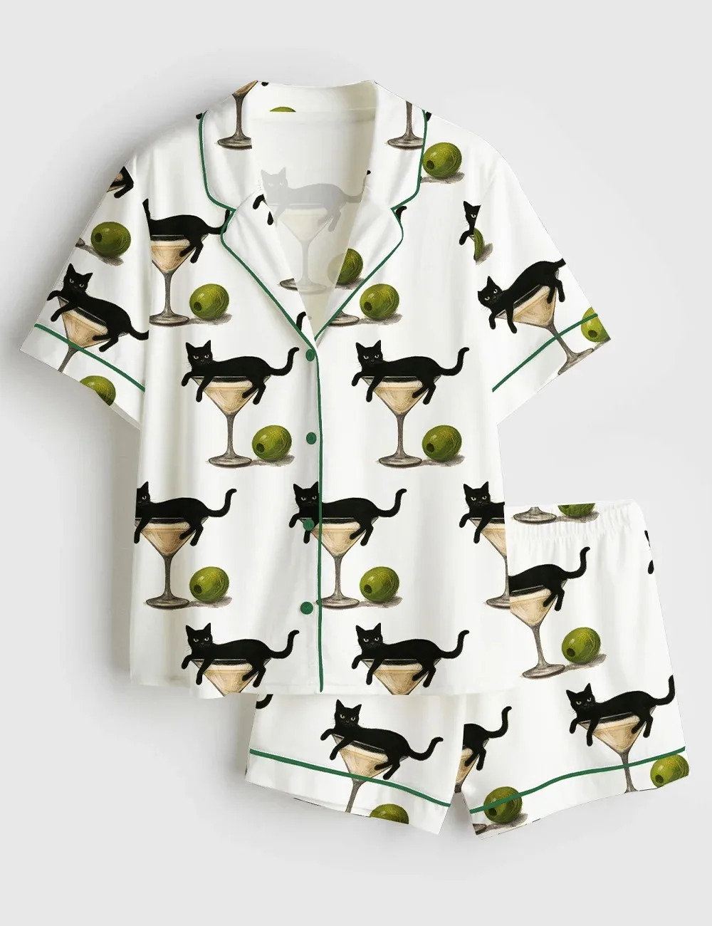 Women’s Black Cat In Martini Cocktail Wine Glasses Satin Pajama Set (1)