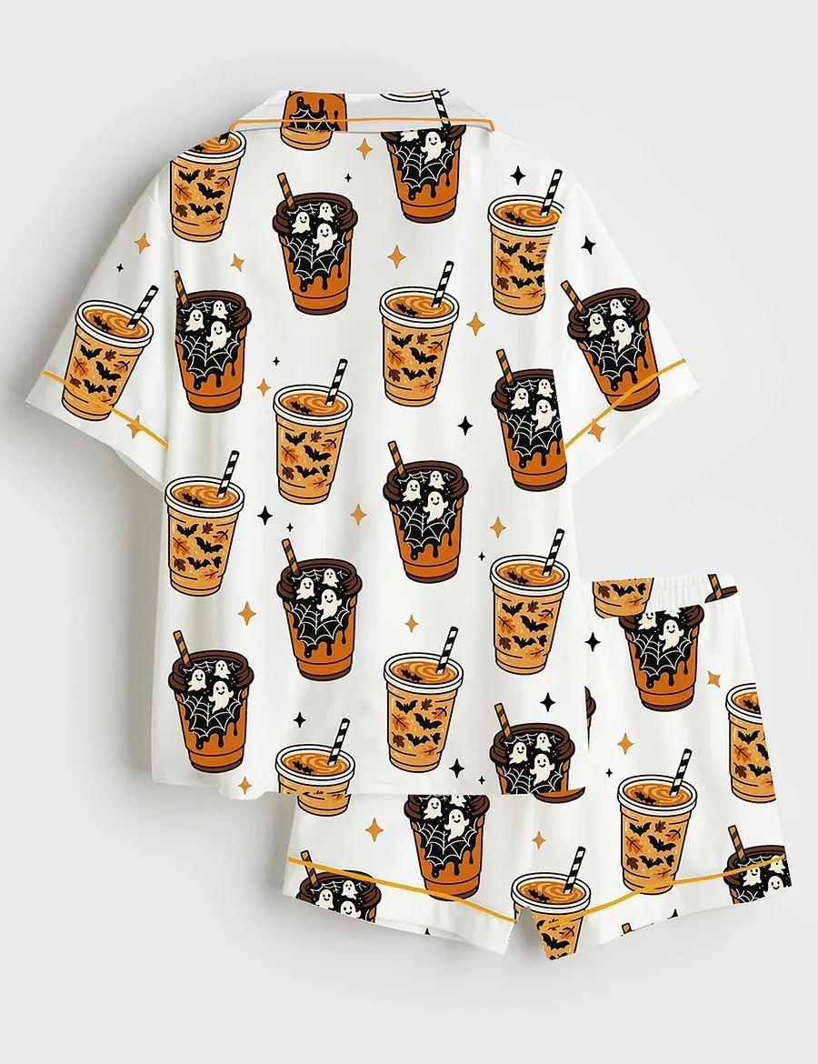Women’s Freshly Boo’d Coffee Halloween Ghost Coffee Scream And Sugar Satin Pajama Set (1)