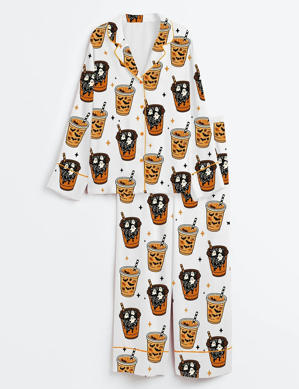 Women’s Freshly Boo’d Coffee Halloween Ghost Coffee Scream And Sugar Satin Pajama Set (1)