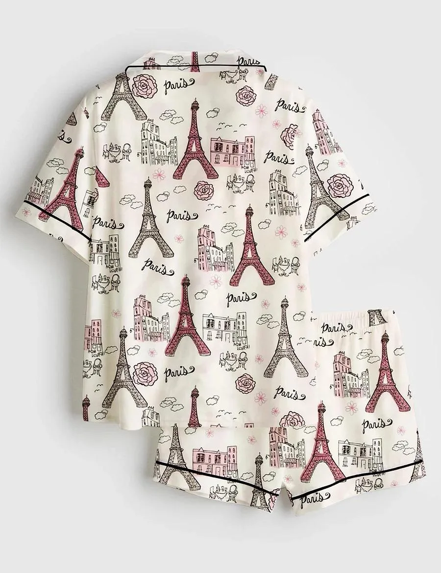 Women’s Girls Trip Paris Vacation Travel Satin Pajama Set (1)