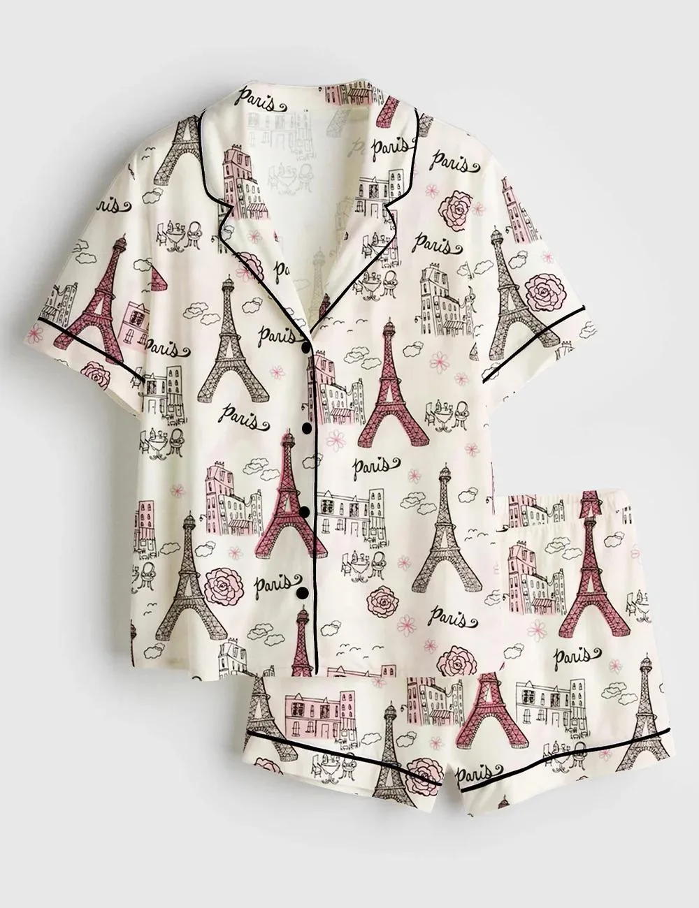 Women’s Girls Trip Paris Vacation Travel Satin Pajama Set (1)