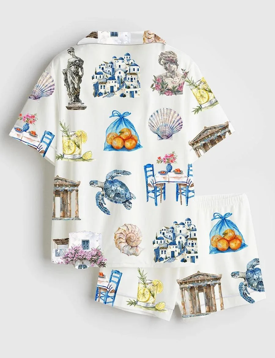 Women’s Greece Watercolor Greek Summer Travel Satin Pajama Set (1)