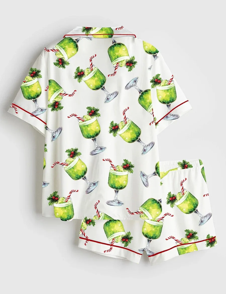 Women’s Grinch Punch Watercolor Christmas Cocktails Holiday Drinks Satin Pajama Set (1)