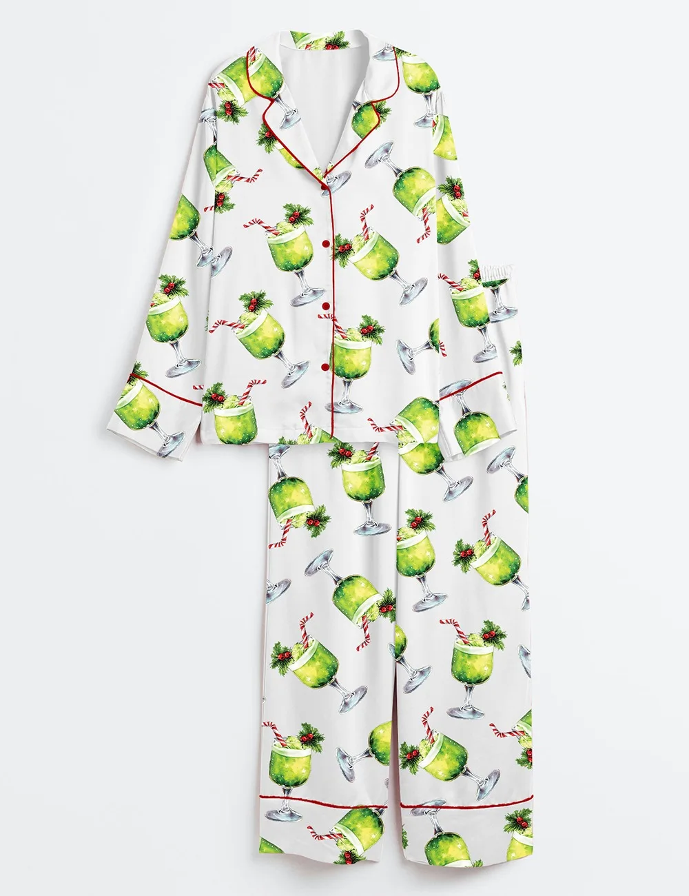 Women’s Grinch Punch Watercolor Christmas Cocktails Holiday Drinks Satin Pajama Set (1)