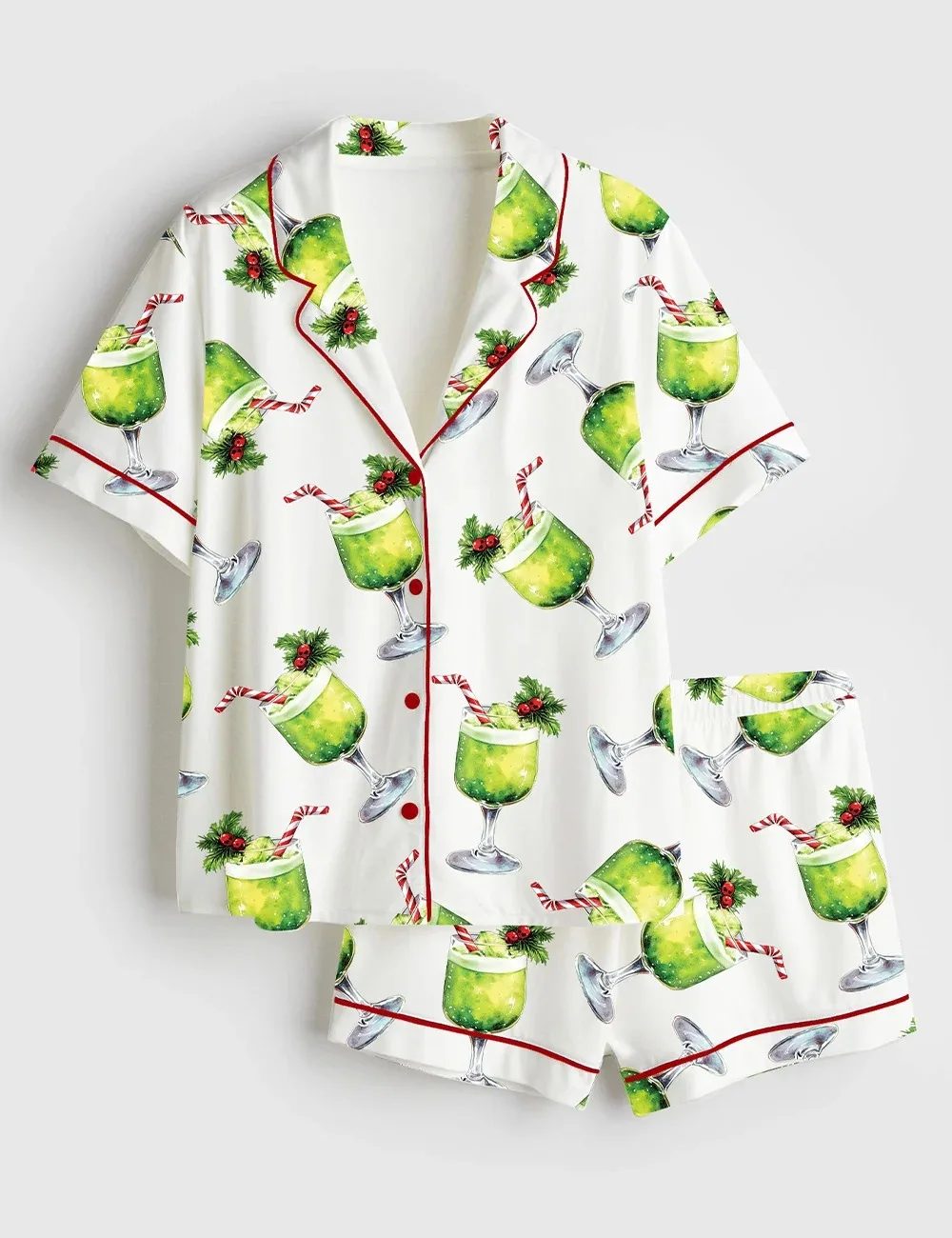 Women’s Grinch Punch Watercolor Christmas Cocktails Holiday Drinks Satin Pajama Set (1)