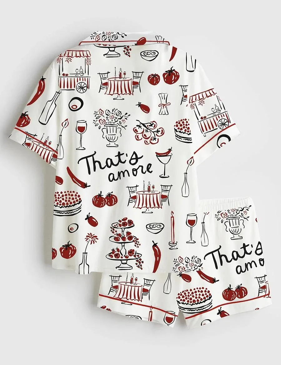 Women’s Hand Drawn Whimsical Illustrations Of Italian Food Italian Wedding Print Satin Pajama Set (1)