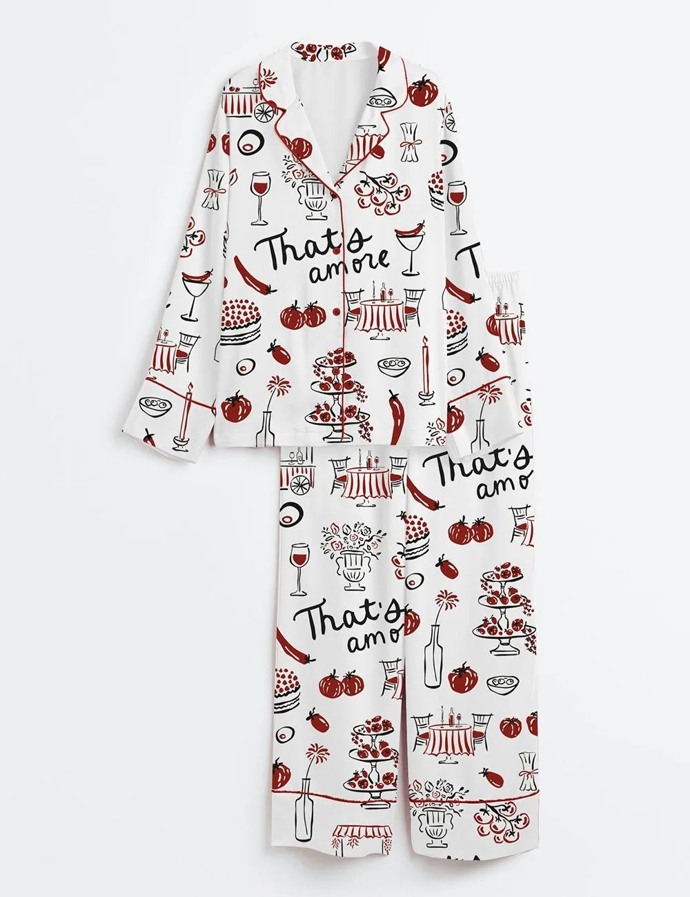 Women’s Hand Drawn Whimsical Illustrations Of Italian Food Italian Wedding Print Satin Pajama Set (1)
