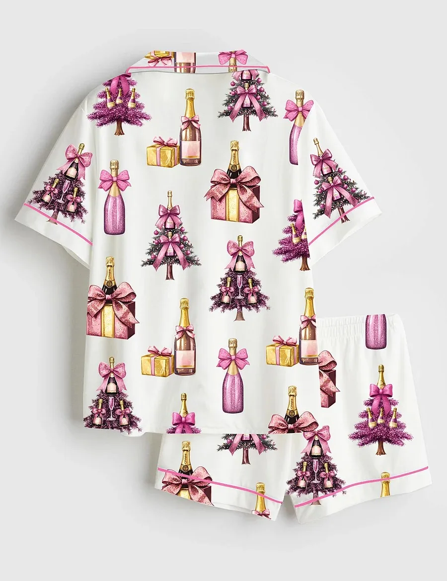 Women’s Pink Champagne Christmas Wine Bottle & Glass Satin Pajama Set (1)