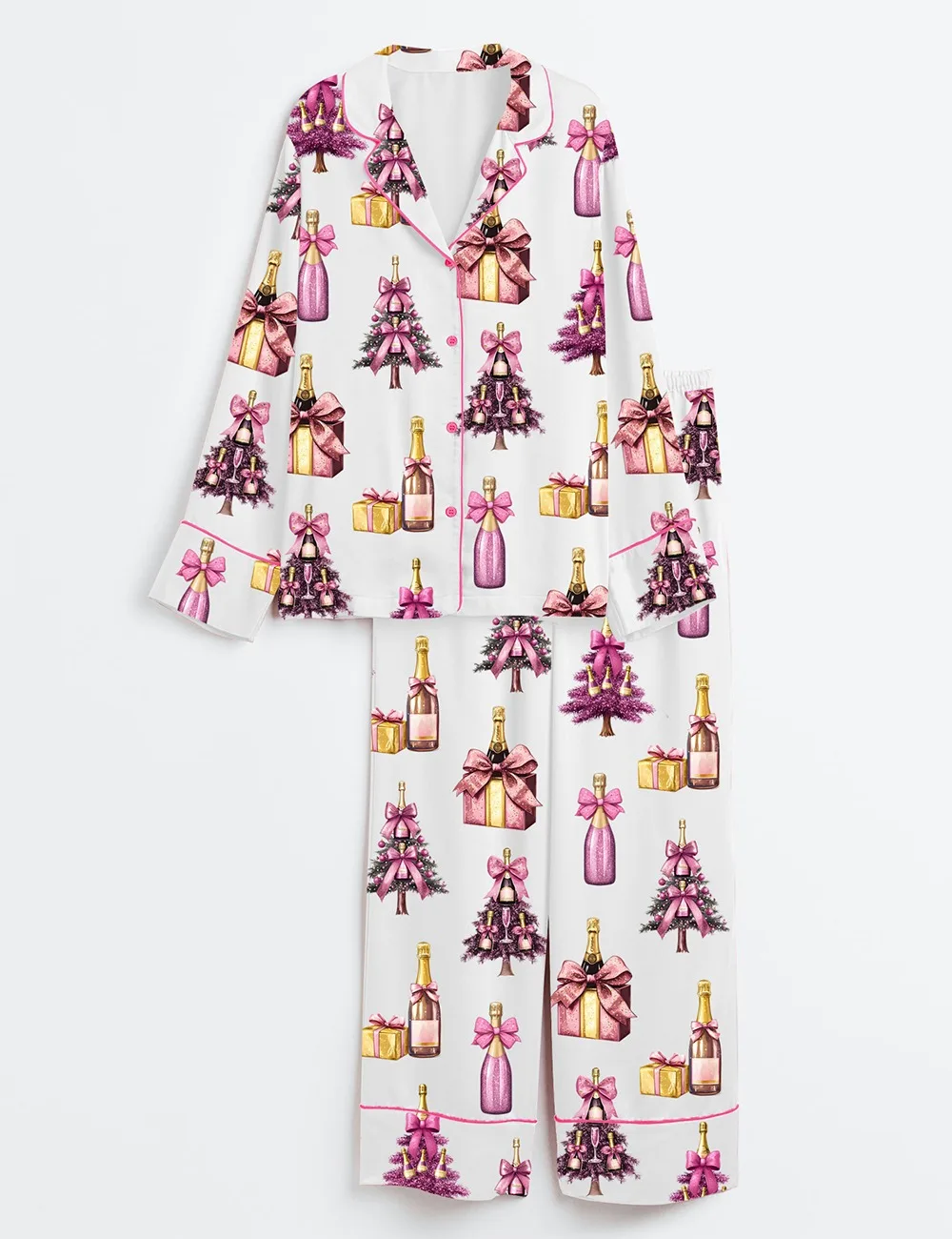 Women’s Pink Champagne Christmas Wine Bottle & Glass Satin Pajama Set (1)