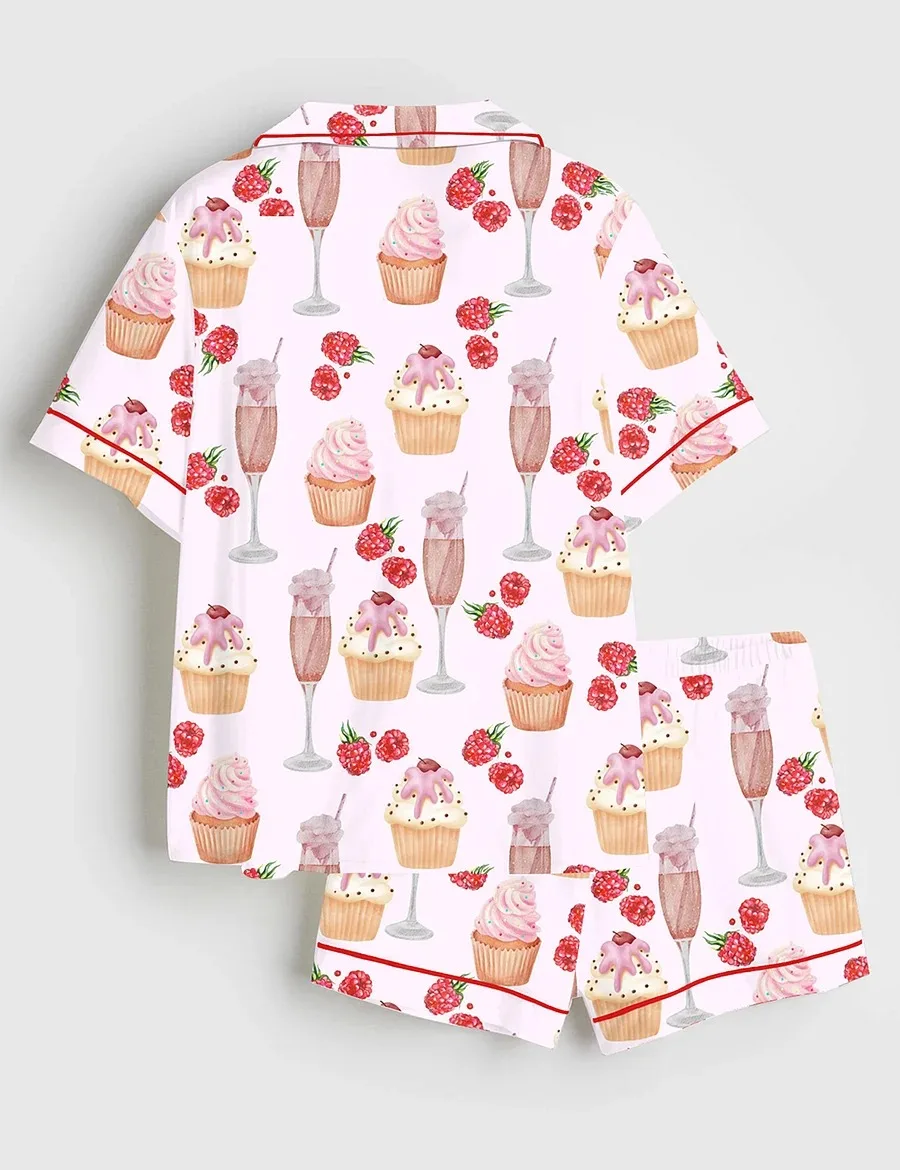 Women’s Pink Champagne Cup Cake Raspberry Picnic Party Satin Pajama Set (1)