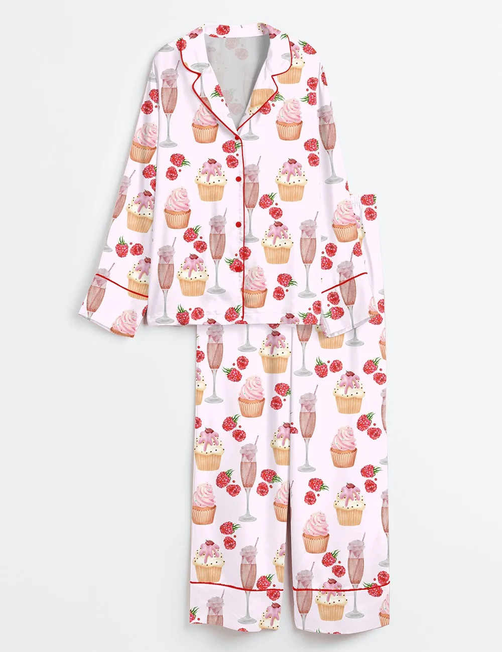 Women’s Pink Champagne Cup Cake Raspberry Picnic Party Satin Pajama Set (1)