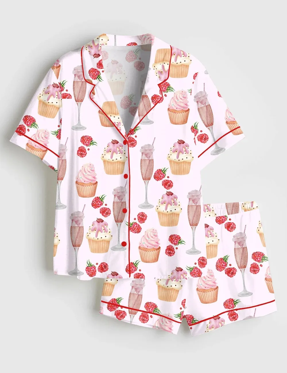 Women’s Pink Champagne Cup Cake Raspberry Picnic Party Satin Pajama Set (1)
