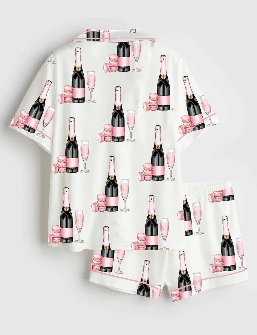 Women’s Pink Champagne Glass Dessert Satin Pajama Set (1)