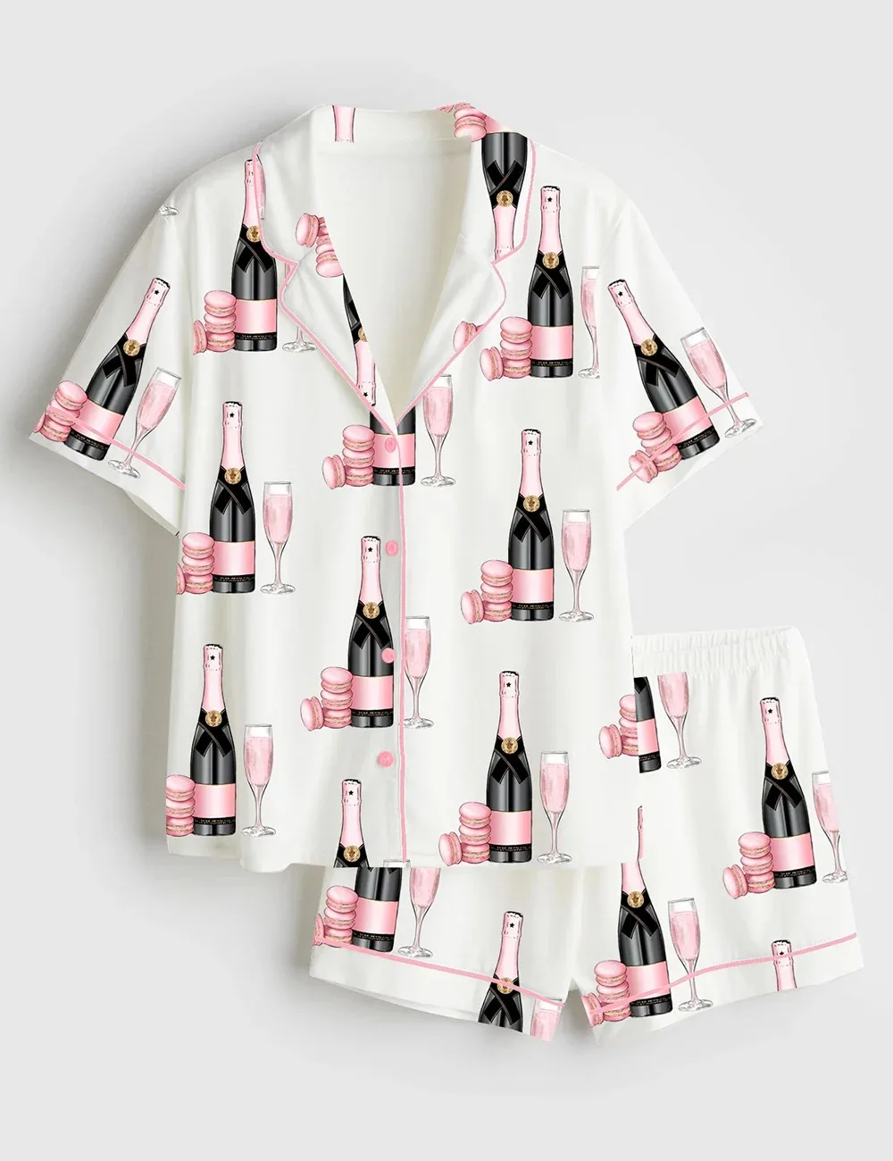 Women’s Pink Champagne Glass Dessert Satin Pajama Set (1)