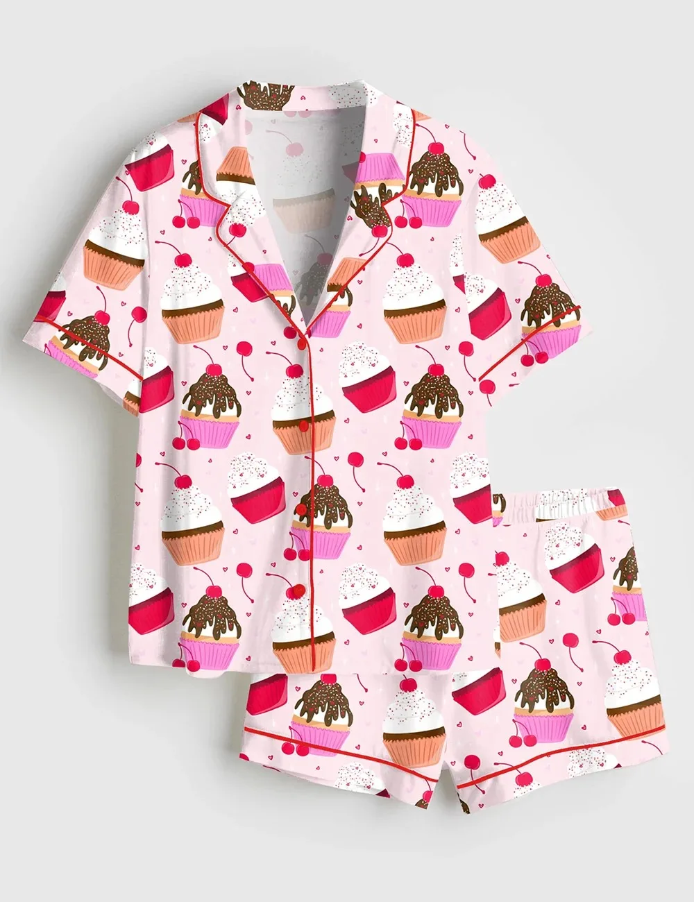 Women’s Pink Champagne Cup Cake Raspberry Picnic Party Satin Pajama Set