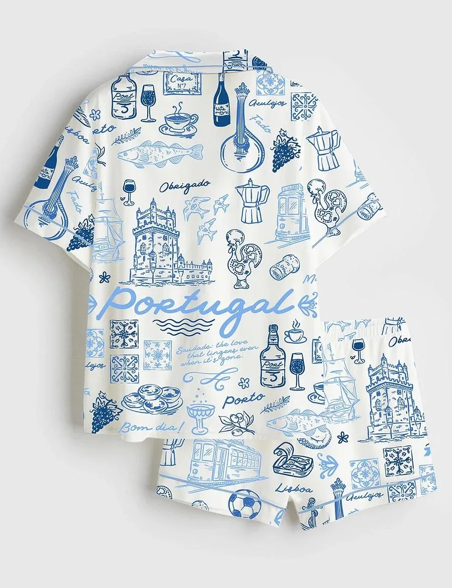 Women’s Portugal Whimsical Style Illustration Satin Pajama Set (1)